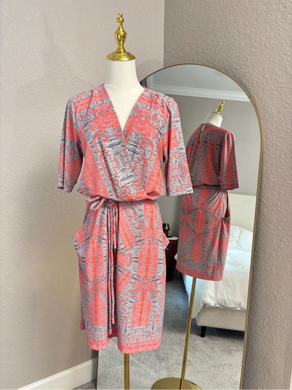 Yoana Baraschi Coral and Gray Paisley Wrap Dress with Tie Waist, M